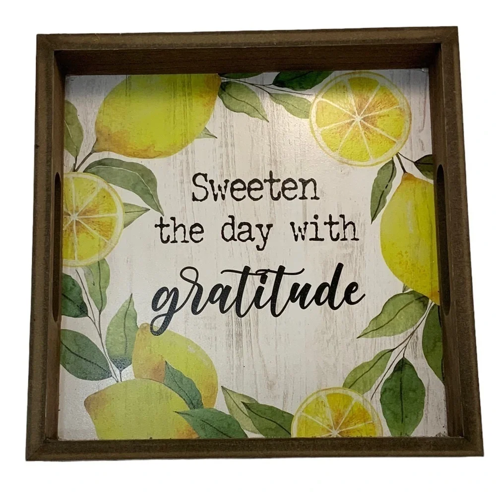 Square Wood Tray Lemons Sweeten the Day With Gratitude Multi Purpose Decorative